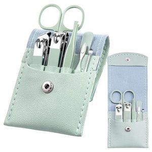 Manicure Set - 7 Pieces Professional Travel Nail Clippers with Green Leather Bag